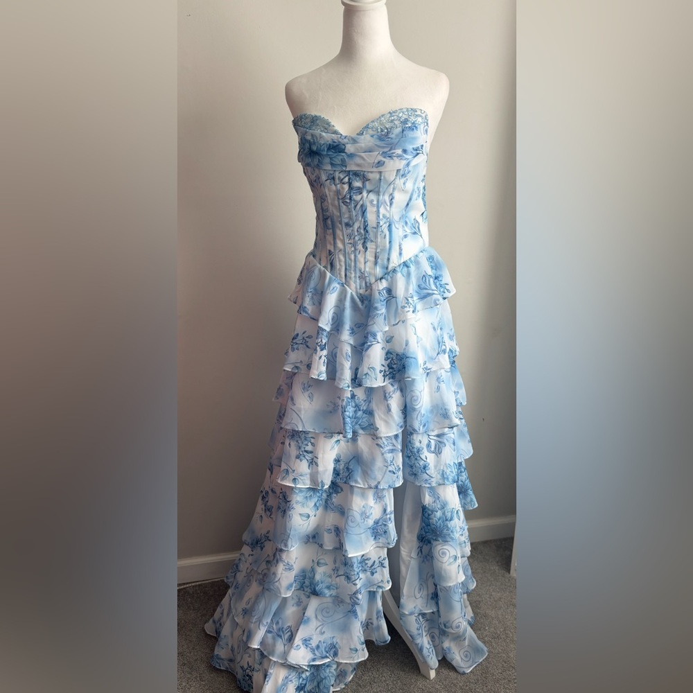 Blue Floral Ruffled Dress